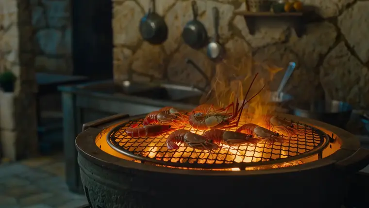 Brasa de carbón con gambas, de la web Mareblau